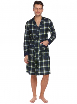 

Blue Men Casual V-Neck Long Sleeve Plaid Pocket Soft Robe with Belt, Multicolor