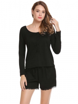 

Black Long Sleeve Solid Tops and Elastic Waist Shorts Pajama Sets, Multicolor