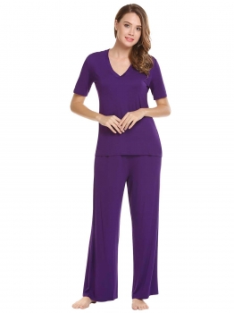 

Purple V-Neck Short Sleeve Tops and Solid Elastic Waist Wide Legs Pants Pajama Sets, Multicolor