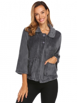 

Dark Grey Women Turn Down Collar Long Sleeve Fleece Sleepwear, Multicolor