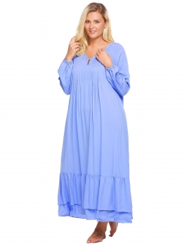 

Blue Plus Size Notch Neck Lantern Sleeve Solid Maxi Nightgown, Multicolor