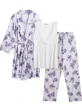 

Purple Women Solid Maternity Nursing Robe Tank Tops Pants with Belt Pajama Set, Multicolor