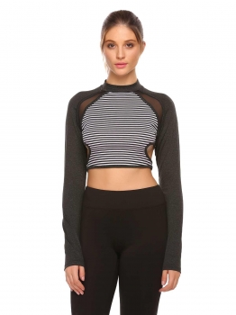 

Black Women Mock Neck Long Sleeve Mesh Patchwork Striped Hole Crop Sport T-Shirt, Multicolor