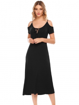 

Black Short Sleeve Cold Shoulder Solid Nightgown Pajamas, Multicolor