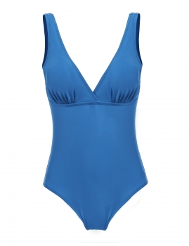 

Blue Solid V-Neck Backless Ruched One-Piece Swimsuit, Multicolor