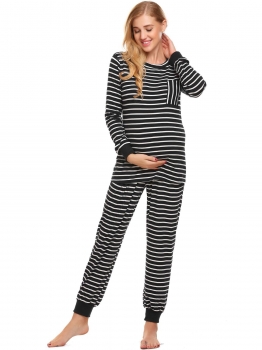 

Black"White Maternity Pajamas Set Thermal Underwear Striped Long Sleeve Top and Bottom Lounge Sleepwear, Multicolor