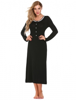 

Black O-Neck Long Sleeve Solid Lace Button Pullover Pyjamas, Multicolor