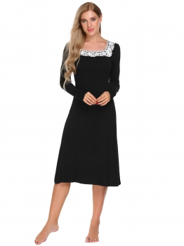 

Black Square Collar Long Sleeve Lace Pyjamas, Multicolor