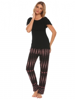 

Black Ruffle Short Sleeve Tops with Printed Elastic Waist Pants Pajamas Sets, Multicolor