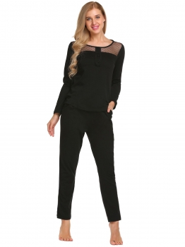 

Black Long Sleeve Patchwork Tops and Pants Pajamas Sets, Multicolor