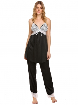 

Black Lace Patchwork Pajamas Sets Loose Sleepwear with Pants, Multicolor