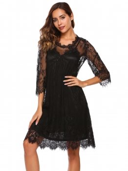 

Black 3"4 Sleeve Lace Cover Up and Satin Nightgown Sleepwear Set, Multicolor