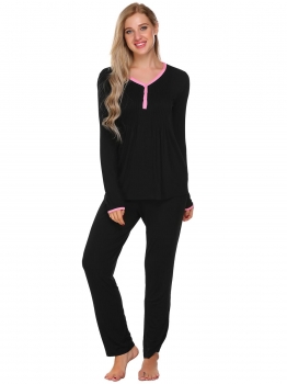 

Black Solid V-Neck Long Sleeve Tops with Elastic Waist Pants Pajama Sets, Multicolor