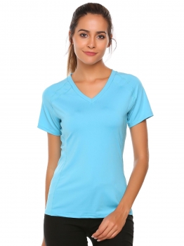 

Blue Short Sleeve V Neck Solid Moisture Wicking Athletic T-Shirt, Multicolor