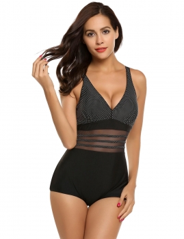 

Black Deep V Neck Dot Mesh Patchwork One Piece Swimwear, Multicolor