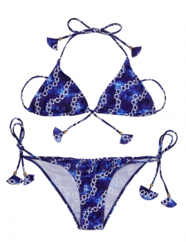 

Blue Printed Halter Backless Triangle Side Tie Bikini Set Swimwear, Multicolor