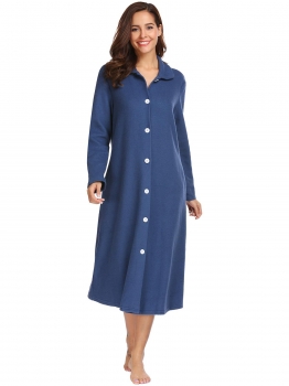 

Dark blue Nightgown Long Sleeve Button Robe Sleepwear with Pockets, Multicolor