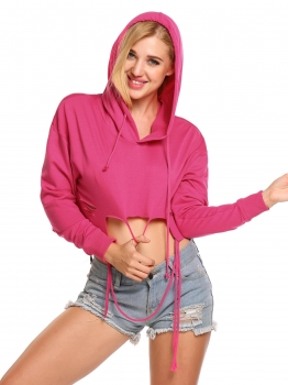 

Rose red Long Sleeve Hooded Asymmetric Loose Short Hoodie, Multicolor