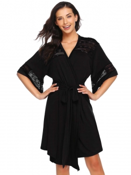 

Black Long Sleeve Lace-trimmed Sleepwear Robe with Belt, Multicolor