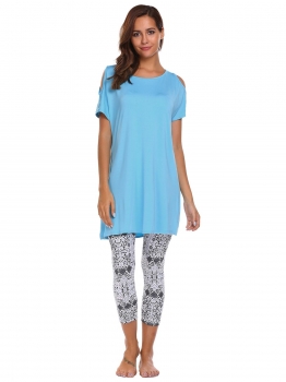 

Blue Cold Shoulder T-shirt and Print Pants Sleepwear Sets, Multicolor