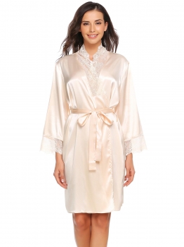 

Beige Lace Patchwork Kimono Satin Robes with Belt, Multicolor