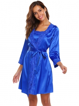 

Light blue Kimono Style Robes Satin Sleepwear Dress Nightdress with Belt, Multicolor