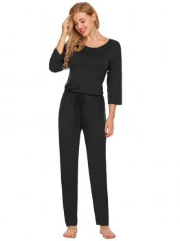 

Black 3"4 Sleeve Solid O Neck Drawstring Keyhole Loose Jumpsuit Pyjamas, Multicolor