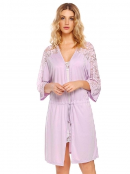 

Purple Half Sleeve Lace Patchwork Loose Robe with Belt, Multicolor