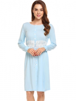 

Blue Long Sleeve Lace Pathwork Button Down Sleepshirt Nightgown Sleep Lounge Dress, Multicolor