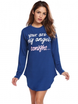 

Blue O-Neck Long Sleeve Letter Print Nightshirts Sleepwear, Multicolor