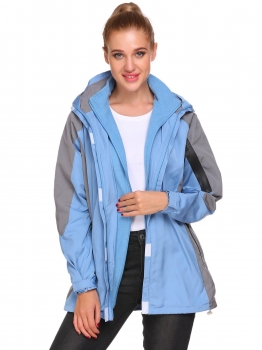 

Blue Hooded Long Sleeve Waterproof Fleece Warm Coat, Multicolor