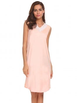 

Rose red Women Sleepwear Lace Patchwork V-Neck Sleeveless Curved Hem Loose Nightgowns, Multicolor