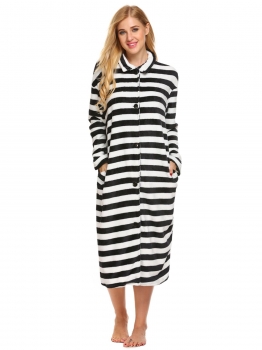

Black Women Winter Long Sleeve Striped Fleece Thick Robe Pockets, Multicolor