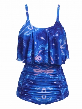 

Blue Spaghetti Strap Ruffles Print Ruched High Waist Bikini Set, Multicolor
