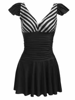 

Black Cap Sleeve Ruched Waist Striped Patchwork Ruffles Swimwear, Multicolor