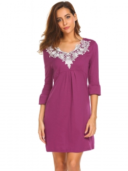

Purple Women V-Neck Flare Sleeve Lace Trim Casual Slim Fit Nightgown Sleep Shirt, Multicolor