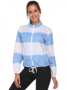 

Blue white Long Sleeve Patchwork Windbreak Sun Protect Outwear Zipper Jacket, Multicolor