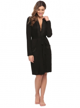 

Black Women Long Sleeve Pockets Lace-trimmed Sleepwear Robe with Belt, Multicolor