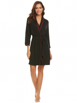 

Black Women Soft 3"4 Sleeve Contrast Color Trim Kimono Robe, Multicolor