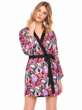 

Mono Style Long Sleeve Wrap Floral Kimono Robes with Belt, Multicolor