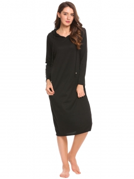 

Black Long Sleeve Hooded Loose Solid Sleepwear, Multicolor