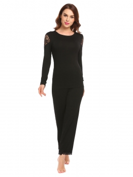 

Black Women Lace Patchwork Long Sleeve Tops Elastic Waist Sleepwear Pajama Sets, Multicolor