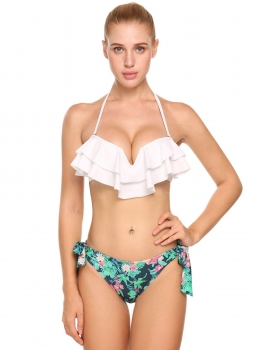 

White Halter Ruffled Floral Side Tie Bikini Set Swimwear, Multicolor