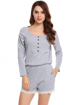 

Blue Women Playsuit Long Sleeve Lace Trim Casual Button Rompers with Pocket, Multicolor