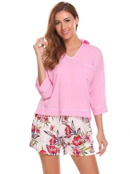 

Pink Women Pajama 3"4 Sleeve Button Down Night Shirt Floral Short Pj Set, Multicolor