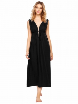 

Black Women Deep V-Neck Lace Sleeveless Solid Lace-Up Nighties Sleepwear Dress, Multicolor
