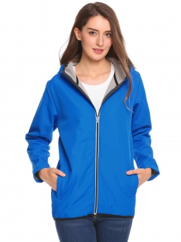 

Blue Hooded Long Sleeve Solid Softshell Coat, Multicolor