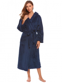 

Navy blue Women Hooded Long Sleeve Soft Plush Bathrobe Sleep Robe, Multicolor