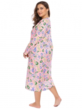 

Pink Plus Size Round Neck Long Sleeve Print Loose Nightgown, Multicolor