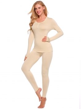 

Apricot Solid Long Sleeve Tops with Elastic Waist Pants Thermal Underwear Set, Multicolor